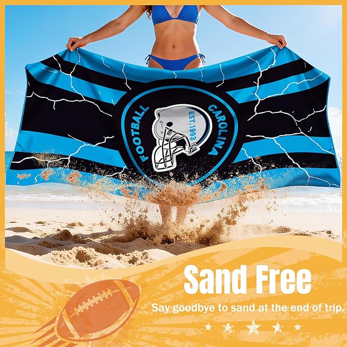 Football Fan Thin Lightweight Microfiber Beach Towel Carolina Themed Big Absorbent Oversized Towels Men Women Gear Panthers Team Boyfriend Bf Dad Friend Christmas Xmas Gag Unique Gifts
