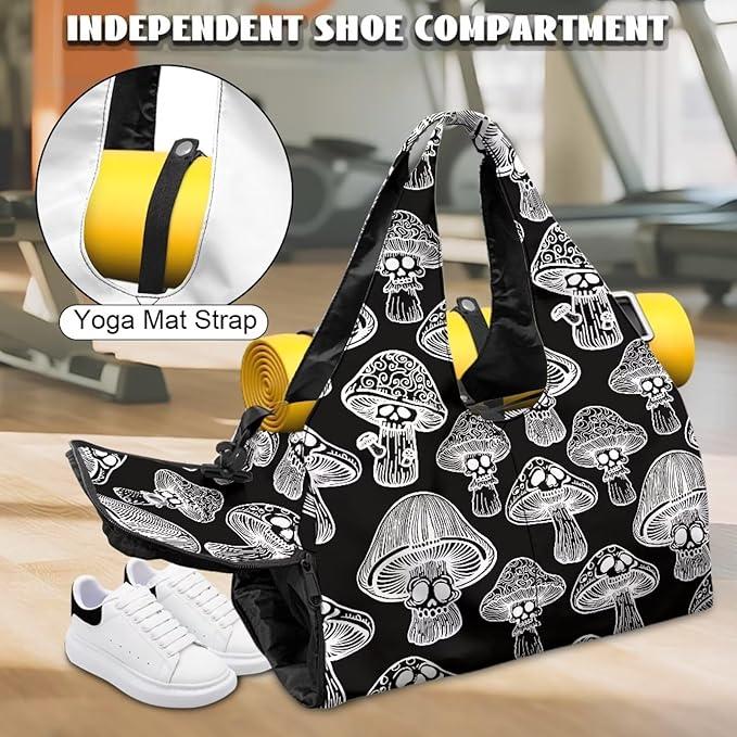 Black Mushroom Workout Bag for Women with Yoga Mat Holder and Shoe Compartment Gym Bag Waterproof Gym Duffel for Swimming, Stylish Fitness Duffel Bag