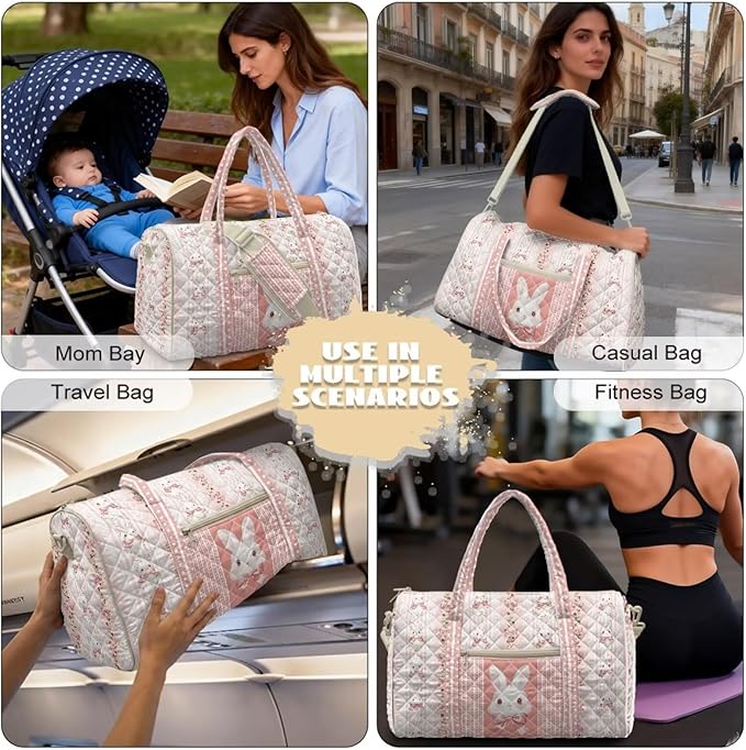 COEQINE Easter Tote Handbags for Women Quilted Gym Bag Pink Quilted Bunny Cute Animal Print Quilted Tote Bags with Shoulder Strap for Overnight Travel Weekender Tote Handbags