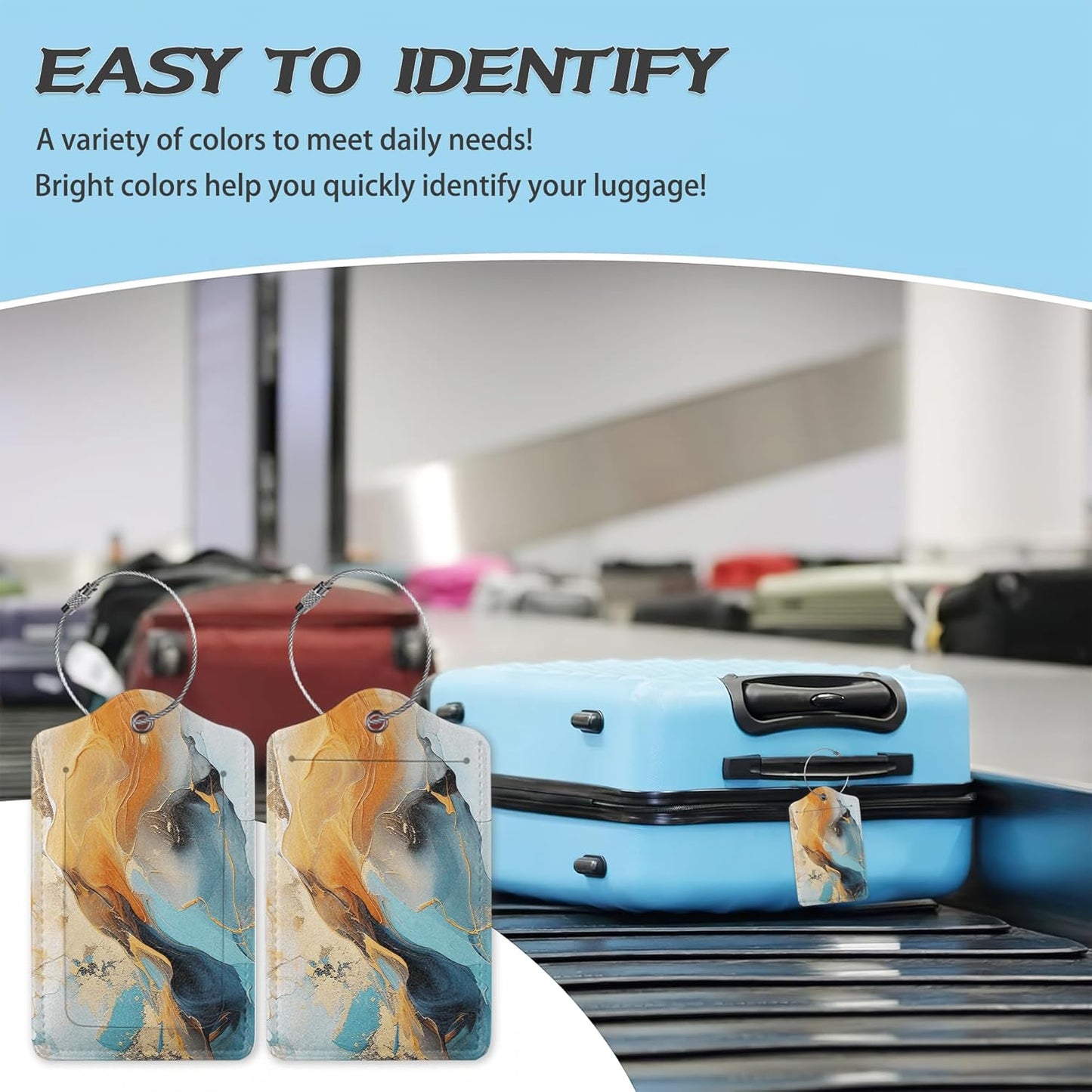 3 Pack Luggage Tag for Suitcase,Marble Gold Blue Leather Luggage Tags with Privacy Cover Name ID Label Identifiers Travel Bag Tags for Women Men Boys Girls