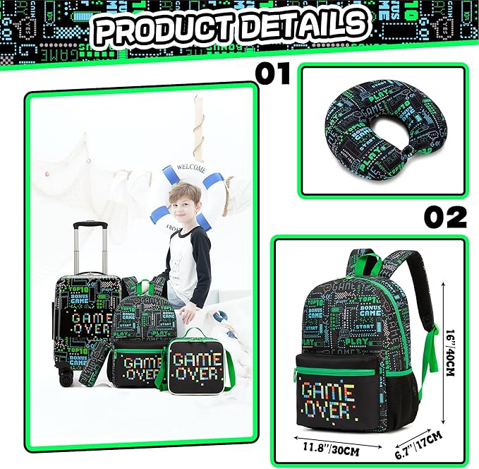 Kid's Luggage Set 5 Piece Suitcase Set 16" Hardside Luggage with Spinner Wheels Boys Carry on Toddler Travel Rolling Luggage Airline Approved