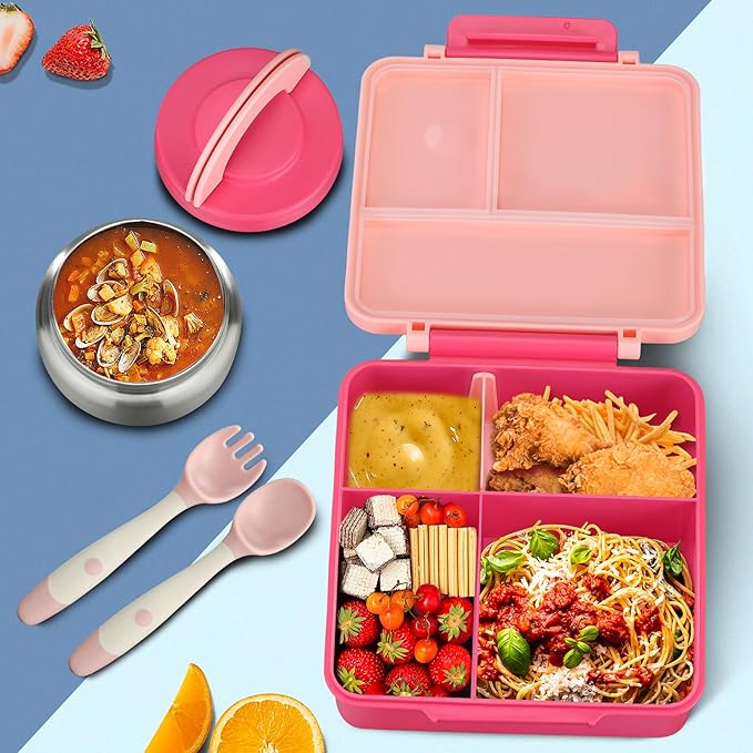 Itslife Bento Lunch Box for Kids with 8oz Soup Thermo&Lunch Bag, Leak-Proof Lunch Food Containers with 4 Compartment, Hot Food Insulated Food Jar for Kids School (Pink&Grey)