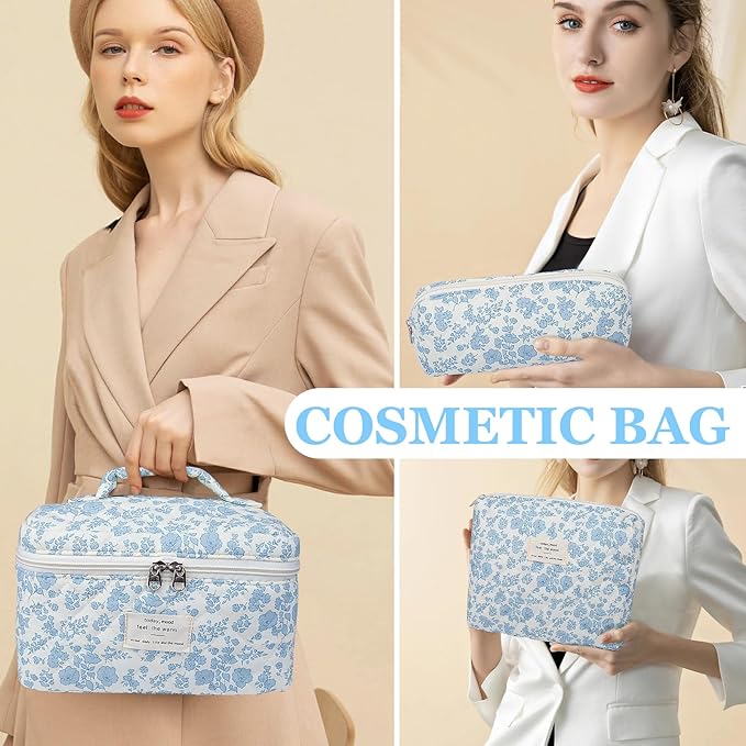 Makeup Bag Set, Quilted Makeup Bag, Large Floral Cosmetic Bag for Women, Cute Cotton Makeup Bags, Flower Travel Toiletry Organizer Bag (Blue Peacock Flower)