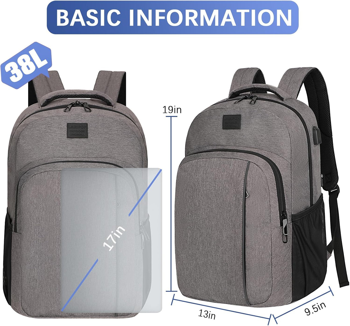 LARIPOP Extra Large Backpack,17.3 Inch Business Laptop backpack for Men Women with USB Charging Port,Water-Resistant Laptopack Weekender Daypack for Work College Computer