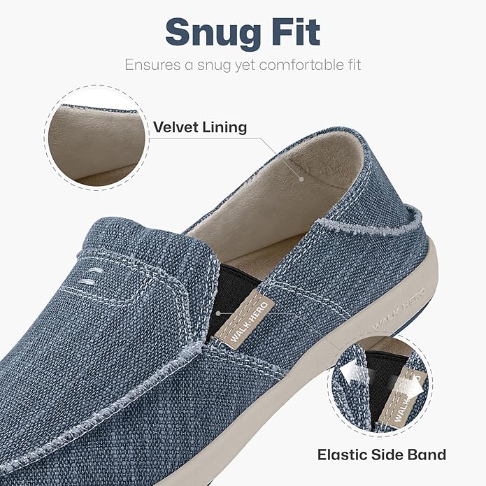 Mens Slip On Shoes, Canvas Mens Loafers with Arch Support, Orthopedic Mens Boat Shoes for Plantar Fasciitis, Indoor & Outdoor Walking Slippers Shoes for Pain Relief