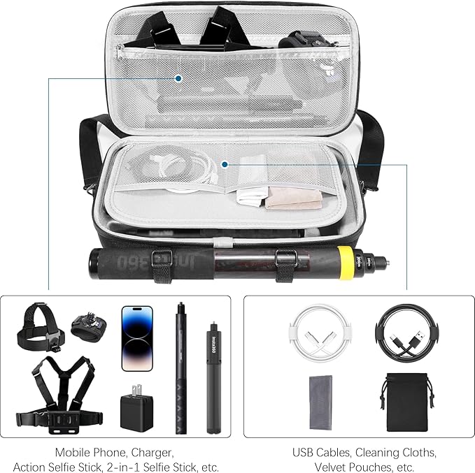 AMAZEAR Carrying Case for Insta360 X5 Accessories, Insta 360 X5 X4 Air Action Camera Waterproof Travel Carry Bag with Shoulder Strap, Compatible with 3M 9.8ft 2-in-1 Selfie Stick Tripod, Black