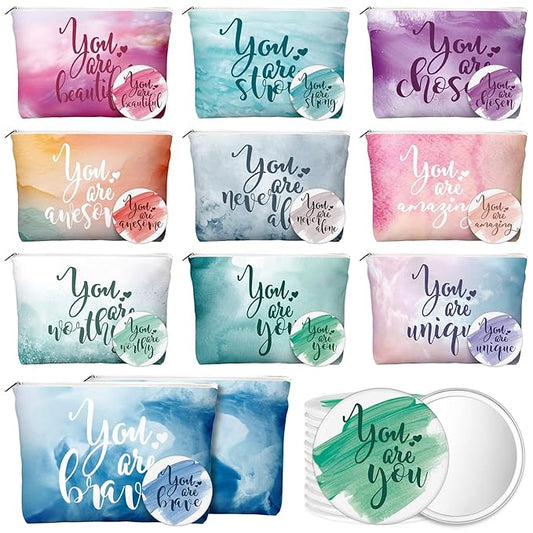 40 Pcs Employee Appreciation Gifts For Women Inspirational Canvas Makeup Bags Portable Compact Mirror Bulk Cosmetic Bags Thank You Gifts for Social Worker Coworkers (Inspiration,Pastel)