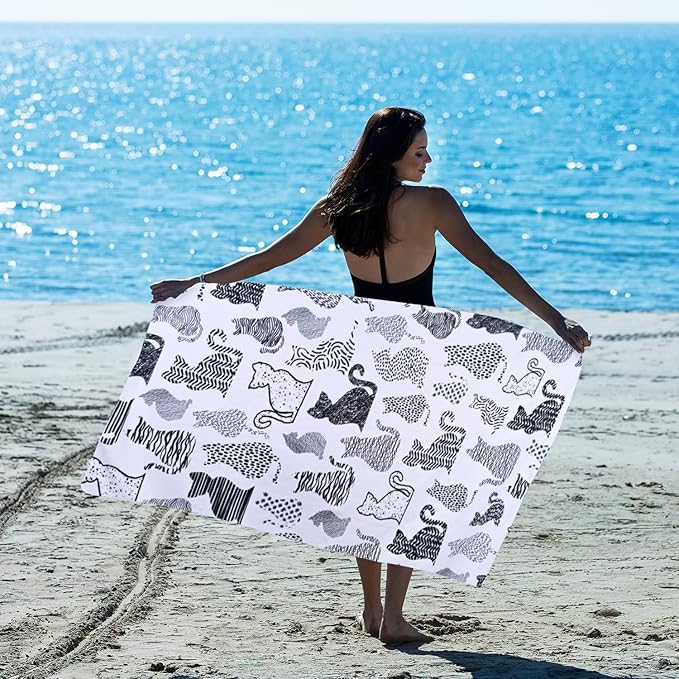 LIVILAN Cat Kitten Beach Towel, Soft Microfiber, 30”x60”, Quick Dry, Sand Proof, Perfect for Women, Anime Picnic, Bath, Pool, Yoga, Cute Hello Kitty Design, Ideal Gifts for Cat Lovers