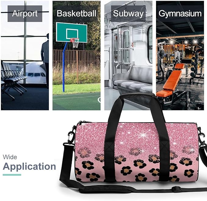 Lightweight Travel Sports Carry On Bag Pink Glitter Sparkles Cheetah Leopard Print Basketball Football Weekender Bag Sport Gym Fitness Tote