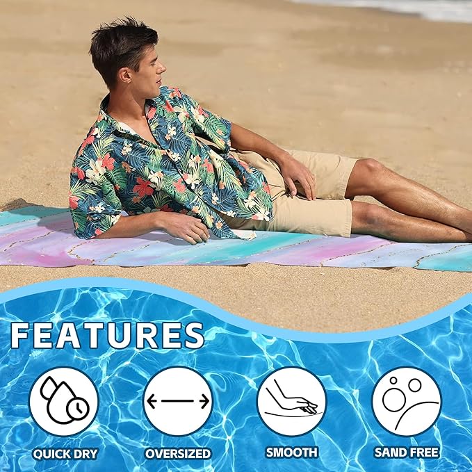 Microfiber Beach Towels,Watercolor Pink Blue Marble with Golden Stripe Oversized Absorbent Bath Towels,Soft Quick Dry Thin Camping Towel for Adults Women Men,29.5"×59"