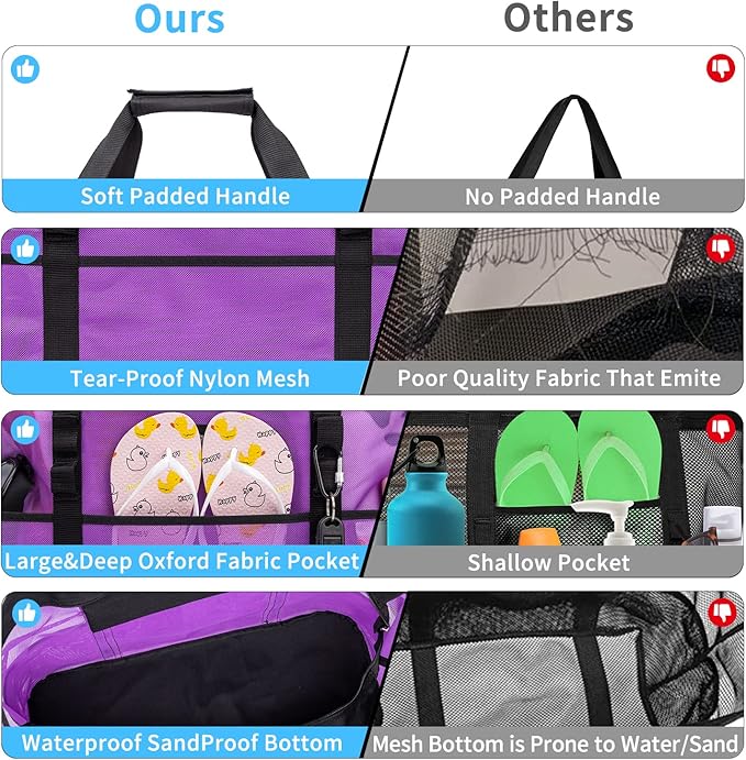 KABAQOO Mesh Beach Bag, Extra Large Beach Bags with 9 Pockets & Zipper Waterproof Lightweight Beach Tote for Beach/Pool Trip | Extra Large, 9 Pockets, Zipper, Waterproof, Lightweight, Beach/Pool Trip