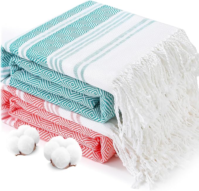 2 Packs Oversized Cotton Turkish Beach Towels Set Bulk 74"x38" Extra Large Sand Free Quick Dry Clearance Swim Bath Camping Pool Towel Travel Blanket Adult Cruise Essentials Accessories Red Green