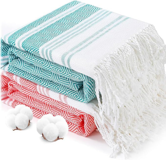 2 Packs Oversized Cotton Turkish Beach Towels Set Bulk 74"x38" Extra Large Sand Free Quick Dry Clearance Swim Bath Camping Pool Towel Travel Blanket Adult Cruise Essentials Accessories Red Green