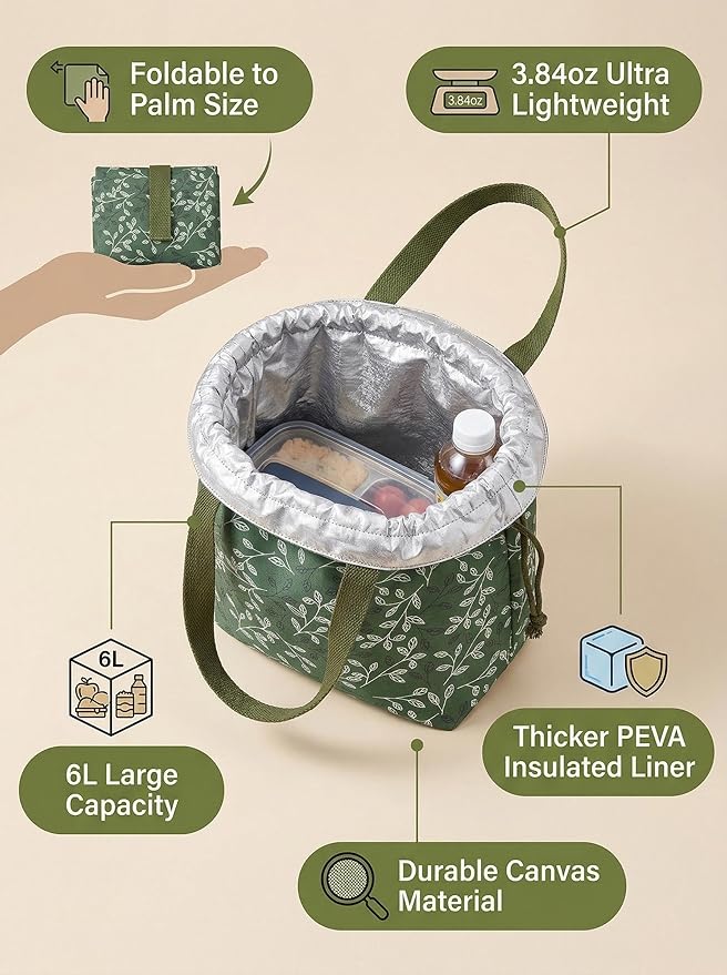 Reusable Small Lunch Bag,Drawstring Lunch Bag,Insulated Handbag Tote bag with Handle (New Leaf Green)