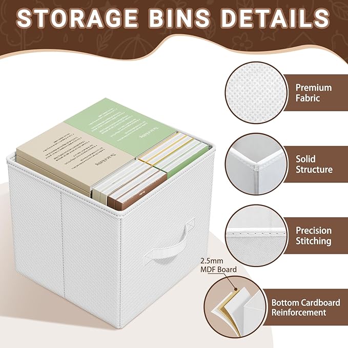 Cube Storage Bins, 11 Inch Fabric Organizers with Handles - Foldable Collapsible Storage Cubes for Shelves, Bedroom, Closet, Cabinet, Bookcase, or Office (White, Pack of 3)