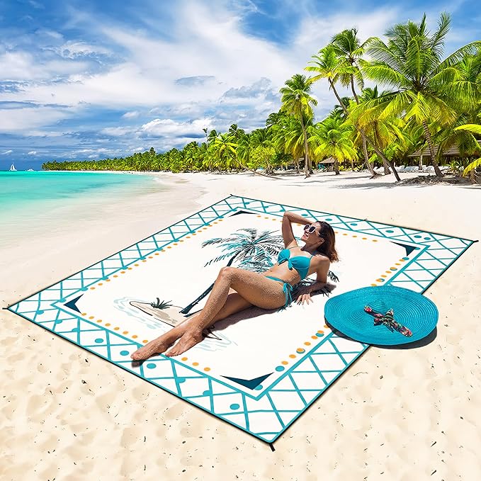 Beach Blanket Waterproof Sandproof Beach Mat 79”x 83” for 1-8 Adults Quick Drying Durable Outdoor Picnic Mat for Beach Festival Travel Camping Hiking (Flower Cocotree, 79"×83"(4 Person))