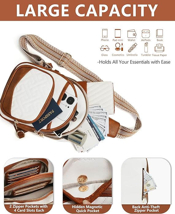 Anti Theft Crossbody Bags for Women, RFID Vegan Leather Sling Purse, Travel Chest Bag & Fanny Pack