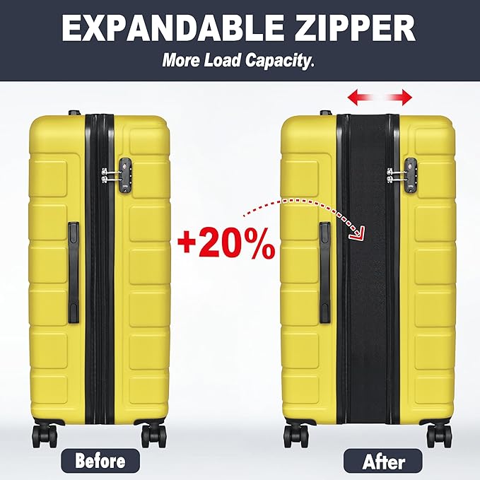 3-Piece Hardshell Luggage Set, Lightweight Expandable Suitcase with TSA Lock and Double Spinner Wheels, 20% Expansion for Extra Packing, Carry-On and Checked Bags, Yellow