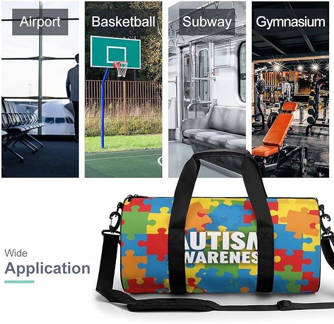 Lightweight Travel Sports Carry On Bag Autism Awareness Colorful Puzzles Basketball Football Weekender Bag Sport Gym Fitness Tote