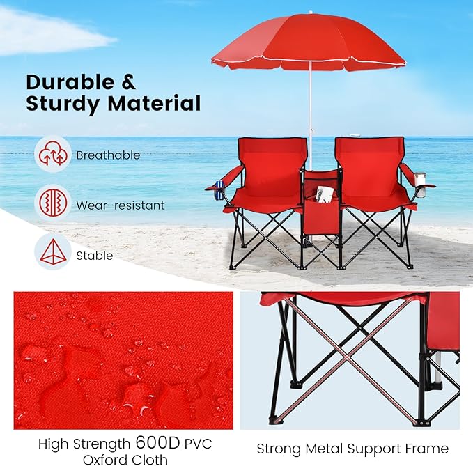 KOTEK Double Camping Chair, Folding Camp Chair with Removable Umbrella, Cup Holders, Cooler Bag, Side Pocket & Carry Bag, 2-Person Beach Chair for Outdoor, Sports, Concerts, Travel, Picnic (Red)
