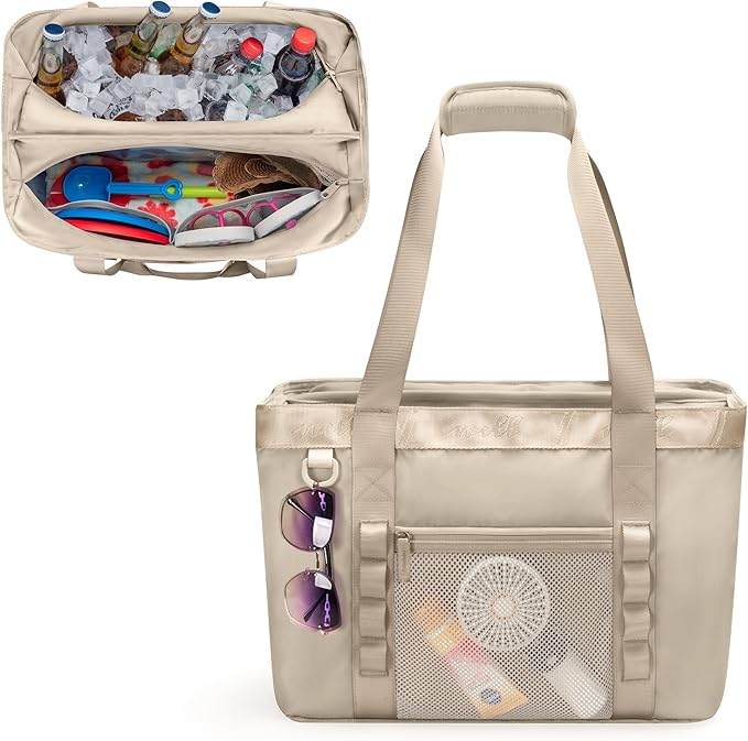 Yarwo Beach Bag for Women, Sandproof Swim Tote Bag with Cooler Compartment and Wet & Dry Pockets for Pool Cruise Vacation