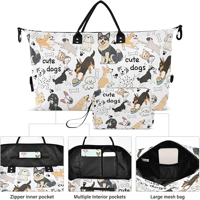 Cute Dogs Quilted Travel Bags Weekender Duffle Bags With Toiletry Bag Carry on Overnight Duffels Yoga Gym Bag for Airplanes Business Sports