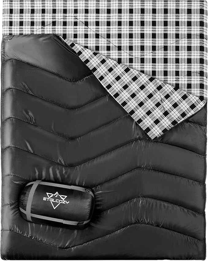 XL Queen Size 2 Person Double Sleeping Bag for Adults, Lightweight Compact with Flannel Liner & Thermolock Draft Tube, Machine Washable All Season Camping Travel