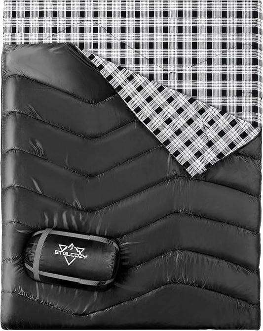XL Queen Size 2 Person Double Sleeping Bag for Adults, Lightweight Compact with Flannel Liner & Thermolock Draft Tube, Machine Washable All Season Camping Travel