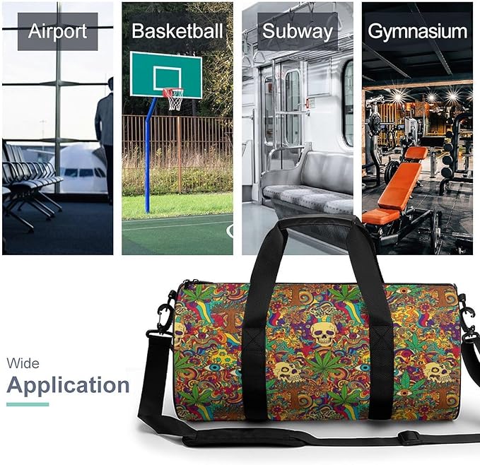 Lightweight Travel Sports Carry On Bag Colorful Skull Weedleaf Leaf Art Basketball Football Weekender Bag Sport Gym Fitness Tote