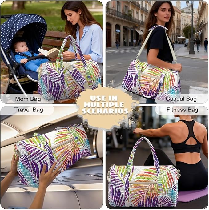 COEQINE Colorful Tropical Leaf Purses for Men Travel Quilted Duffle Print Travel Gym Bag Large Packable Travel Bag