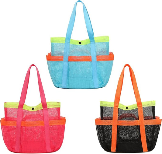 Mesh Beach Bag, Foldable Waterproof Sandproof Beach Storage Tote with 6 Pockets, Swim Tropical Vacation Pool Essential