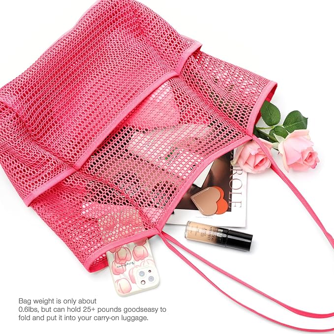 KPX Beach Bag with Mini Pocket, Beach Tote Bags for Women Large Foldable Mesh Swimming Pool Travel Bags - Sandproof