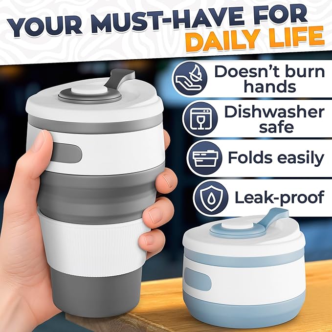 2-Pack Collapsible Coffee Cup Reusable – 12oz Leakproof Travel Coffee Mug, Silicone, Foldable & Portable for Hiking, Camping, Office | Lightweight, Heat-Resistant, Easy to Clean, Outdoor & Travel Cup