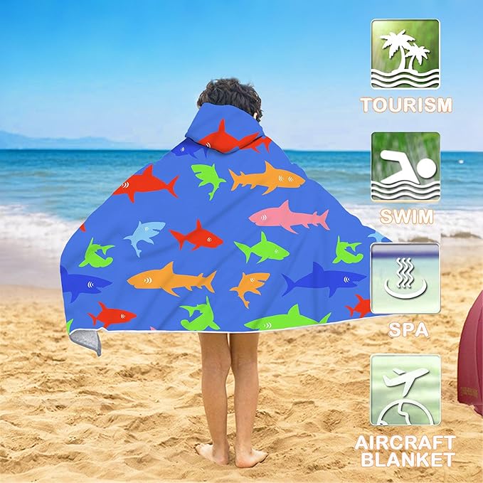 Bonsai Tree Summer Bright Hooded Beach Towel, Sharks Lover Kids Poncho Towel for Boys Girls, Quick Dry 30''x50” Bath Towel for Pool Swiming Boys Gifts