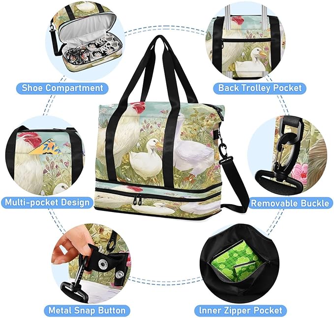 Travel Duffel Bags for Women Farm Chicken & Duck Watercolor Pattern Sports Duffel Bags Gym Bags with Shoes Compartment Tote Bag Weekender Bag for Travelling