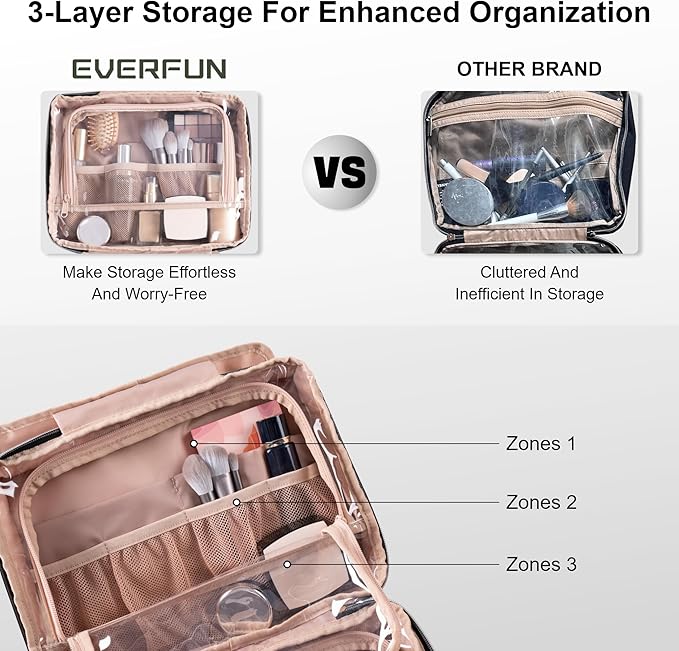 Everfun Hanging Toiletry Bag for Travel, 12x9x4.5 inch Large Capacity Cosmetic Organizer with Leakproof Wet/Dry Compartment, Waterproof Dopp Kit Toiletries Bag for Women Black