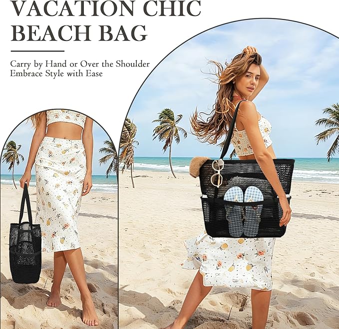 Fammart Mesh Beach Bag for Women, Summer Straw Tote Hobo Pool Bags with Zipper Pocket, Travel Vacation Cruise Essentials 2026