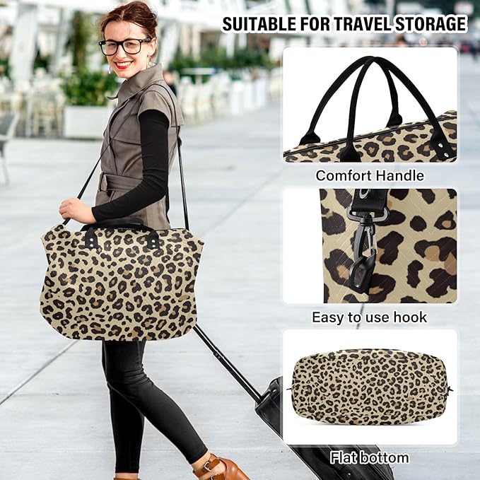 Travel Duffle Bag, Brown Leopard Print Gym Bag with Storage Bag Weekender Overnight Bag for Men Women Trip Sports Yoga