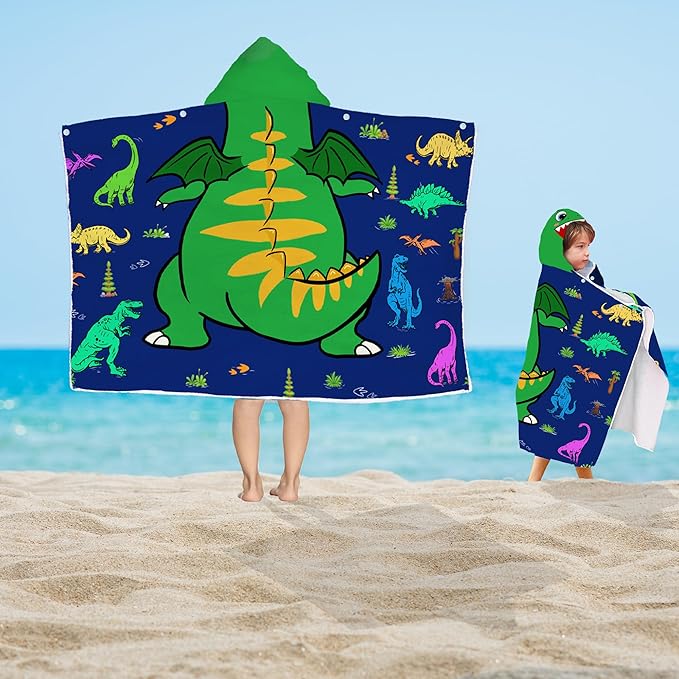 Dinosaur Hooded Beach Towel for Boys, Soft & Absorbent T-Rex Dinosaur Poncho Towel, 30”x50” Green Blue Bathrobe for Kids Cool Cartoon, Quick Dry Swim, Pool, and Bath Time