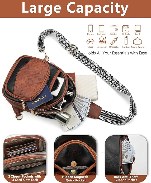 Anti Theft Crossbody Bags for Women, RFID Vegan Leather Sling Purse, Travel Chest Bag & Fanny Pack