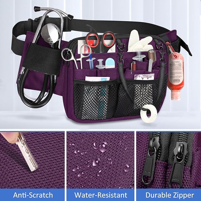 SITHON Nurse Fanny Pack with Tape Holder, Multi Compartment Medical Gear Pocket Nursing Organizer Belt Bag, Apron Hip Bag Utility Waist Pack for Stethoscopes Bandage Scissors Medical Supplies (Purple)