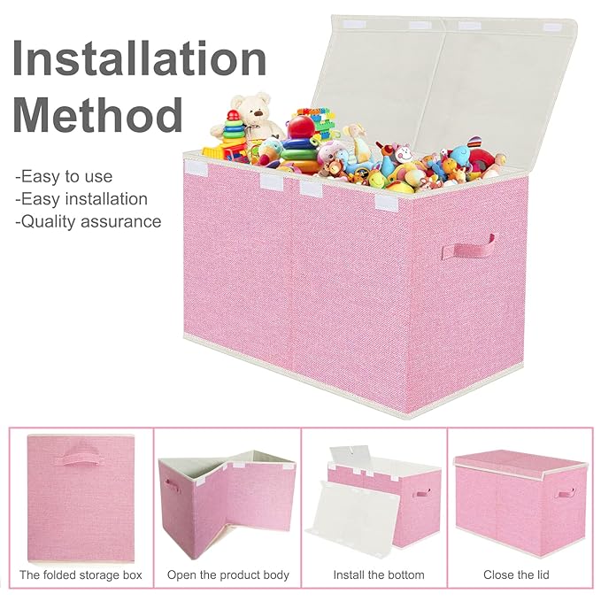 VERONLY Large Collapsible Toy Storage Box with Lid & Handles - Kids Organizer Chest for Toys, Clothes, Blankets (Pink, Nursery, Playroom, Bedroom)-24.5''×13''×16''