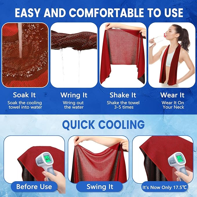 Hosuly 50 Pack Cooling Towels, 40"x12" Yoga Towels Ice Breathable Soft Chilly Sweat Rag Microfiber Workout Rags for Neck and Face for Gym Golf Sport Running (Red)