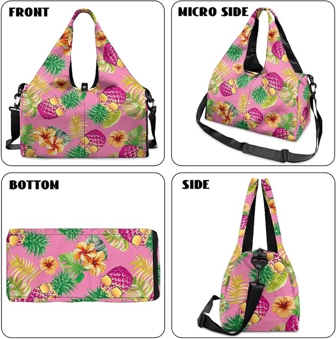 Gym Bag with Shoes Compartment, Pineapple Gym Bags for Women with Yoga Mat, Detachable Strap, Ventilated Lightweight Overnight Bag