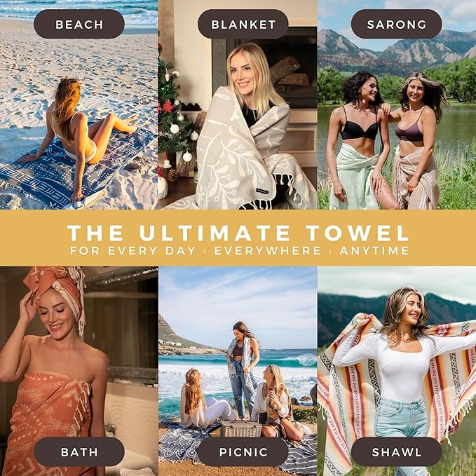 FESHKA Sand Proof Turkish Beach Towel – Oversized, Quick Dry & Lightweight Travel Towel - 100% Organic Cotton Beach Blanket - Perfect for Bath, Pool & Picnic | Golden Hour (Yellow/Navy)