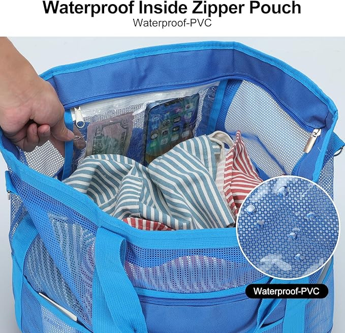 Mesh Beach Bags for Women - Family Beach Tote Bag for Toys, Towels, Travel Vacation Cruise Essentials