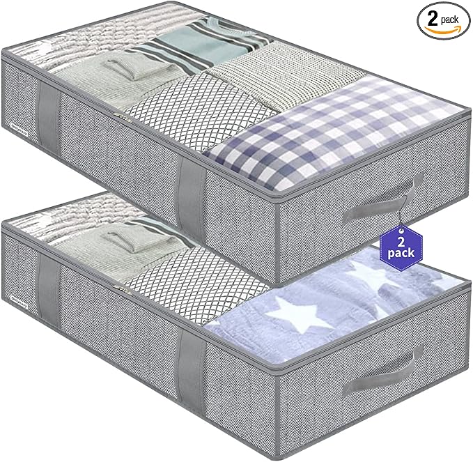 Onlyeasy Large Underbed Storage Bags Organizer Container (2 Pack) with 4 Handles and 2 Sturdy Zippers, Blankets Clothes Comforters Foldable Storage Bags with Clear Window, Herringbone Grey, MXRUBBP2