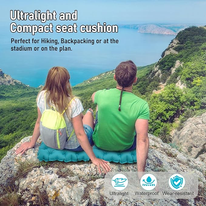 Inflatable Seat Cushion, Lightweight Stadium Seat Pad, Travel Air seat Cushion Anti-Slip for Airplane, Hiking, Climbing, Home and Camping,Peacock Blue