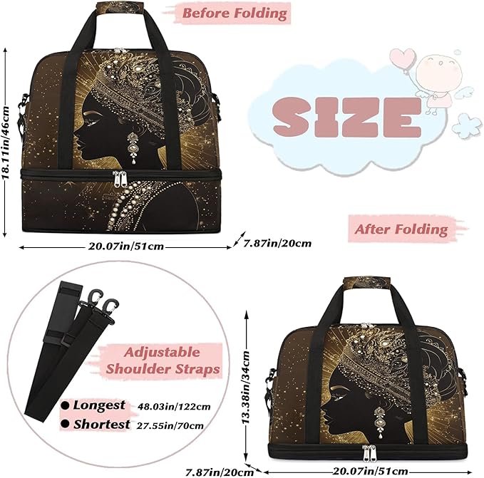 Foldable Travel Duffel Bag for Women - Carry on Personal Item Bag with Shoes Compartment, Weekender Overnight Duffle Bags Sport Tote Gym Luggage for Airplanes Traveling(African Women)