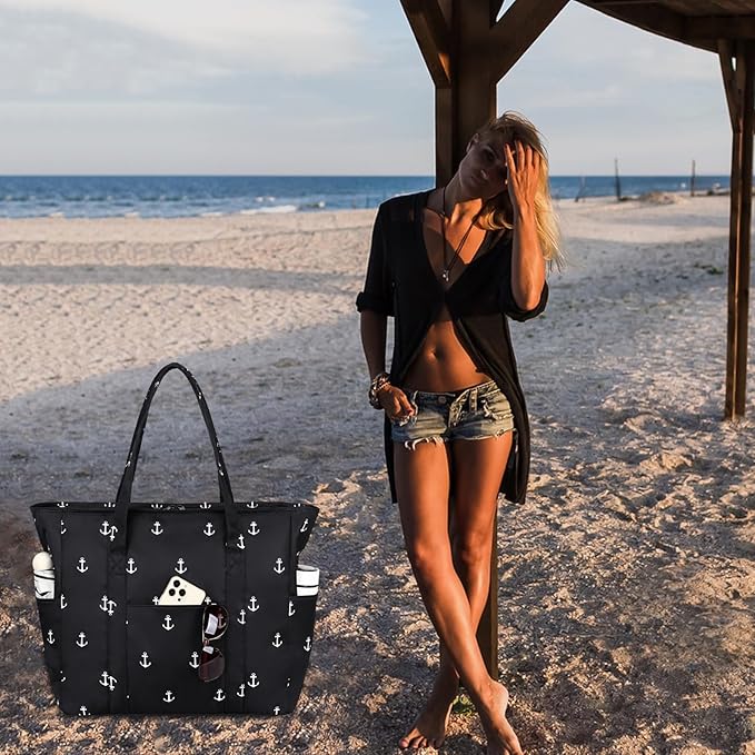 Octsky Large Beach Bags for Women - Waterproof Sandproof Beach Tote with Dual Zipper and Wet Pocket - 3 Outside Pockets